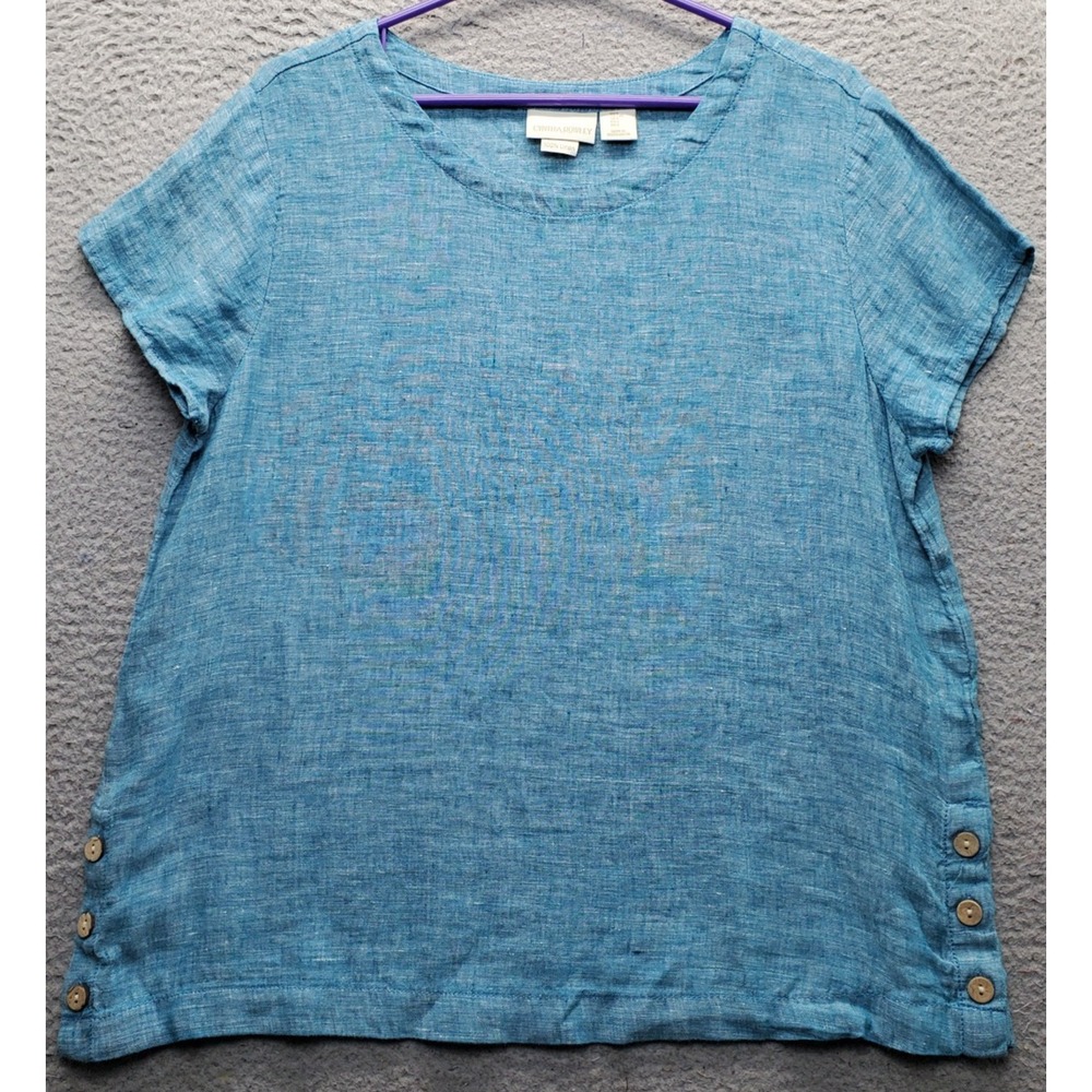 Cynthia Rowley Blouse Top Womens Large Blue Linen Short Sleeve Button Hem Detail